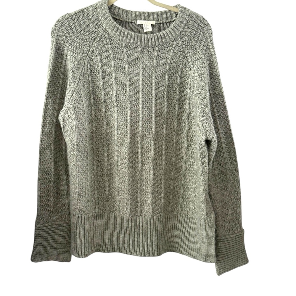 H&M Medium Gray Textured Knit Raglan Sleeve Crewneck Sweater Wool Blend Chunky
